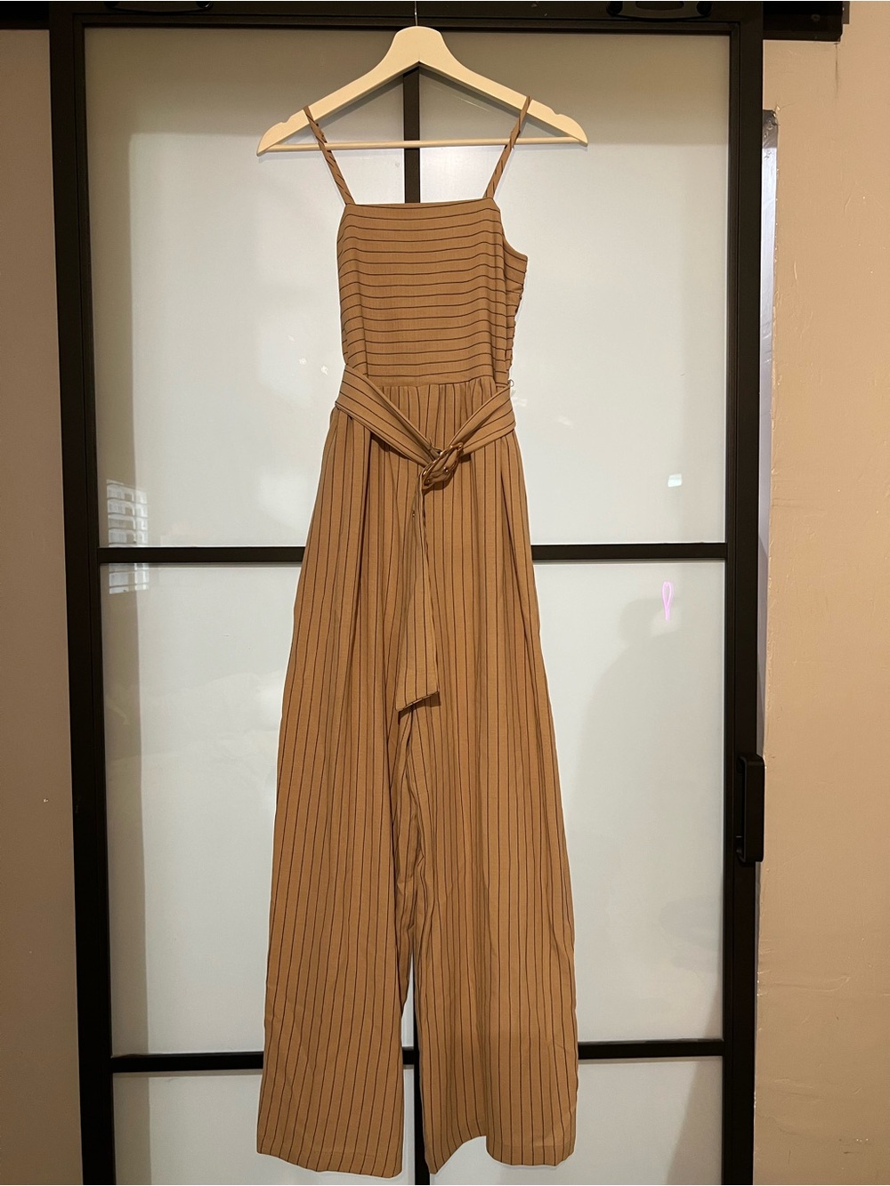 Striped Tan Wide-Leg Tie-Waist Jumpsuit